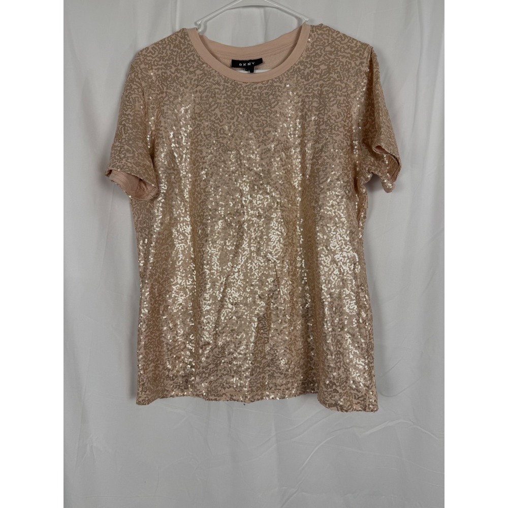 DKNY Womens Rose Gold Sequin Short Sleeve Crew Neck Top Large Champagne Pink